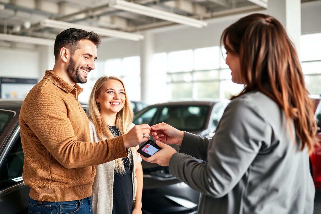 Customers receiving keys to their new vehicle in the showroom