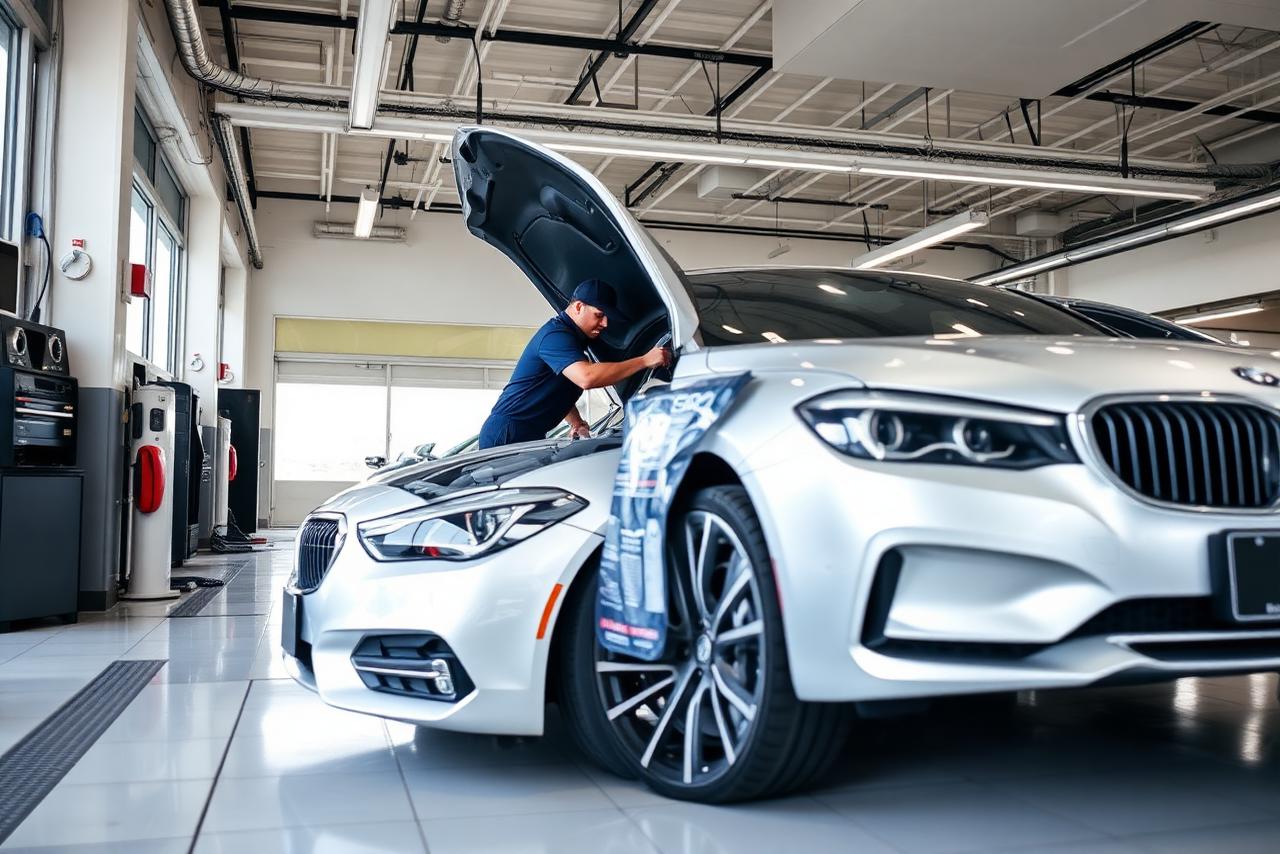 Technician performing maintenance on a luxury vehicle in the service bay